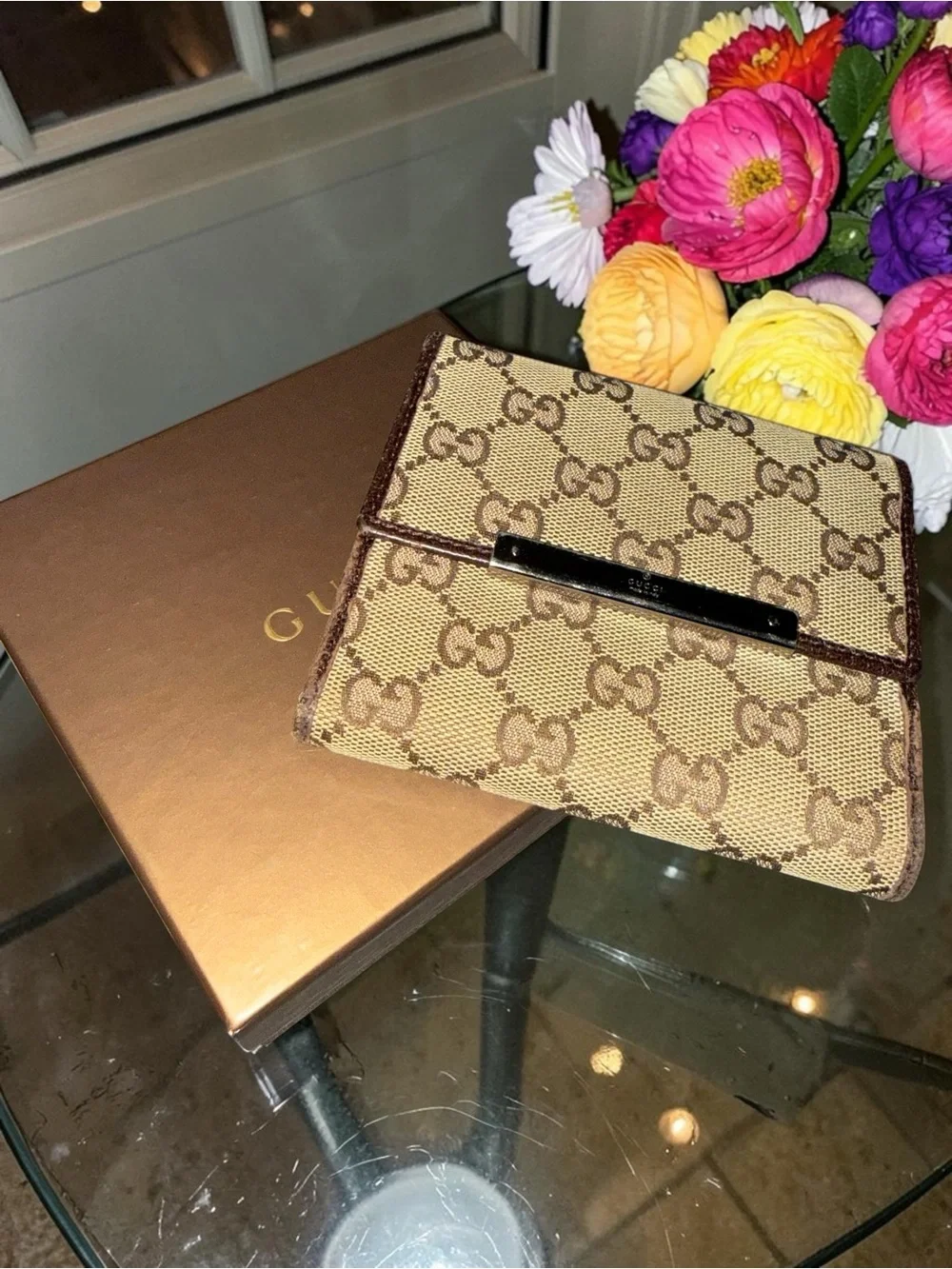 Gucci Beige GG Supreme Canvas Trifold Wallet with Silver Accents EUC